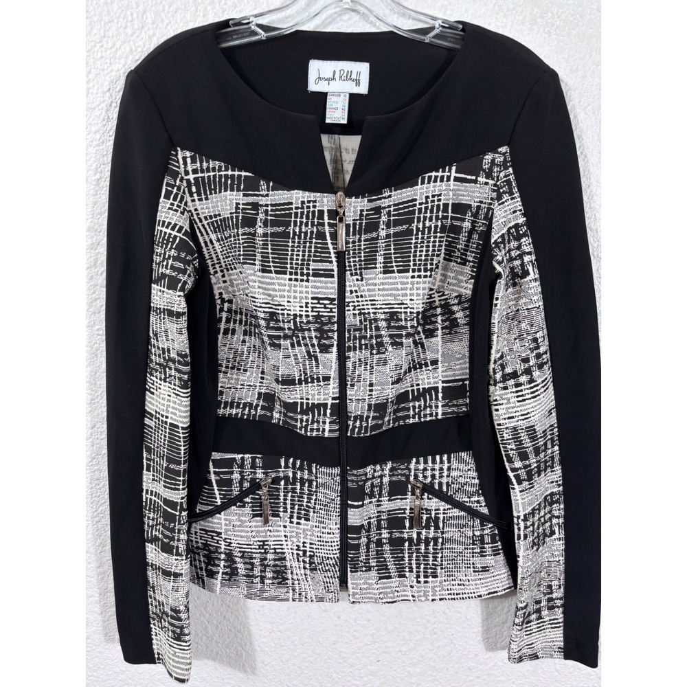 Joseph‎ Ribkoff Blazer Women 10 Black Beige Fits like a small Zip Front Mod